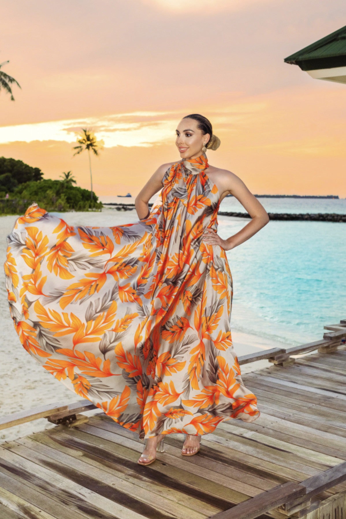 Orange Premium Persian Silk Printed Beach Party Outfit Step Up Trend