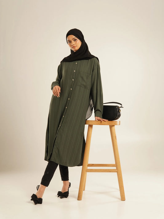 STRIPED LINEN SHIRT DRESS - DARK GREEN