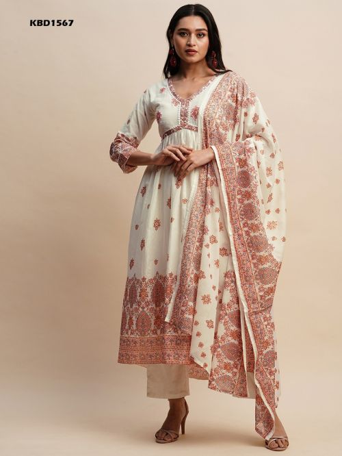 off white with coral designs cotton kurti pant with dupatta