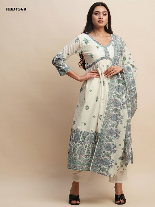 off white With green designs cotton kurti pant with dupatta