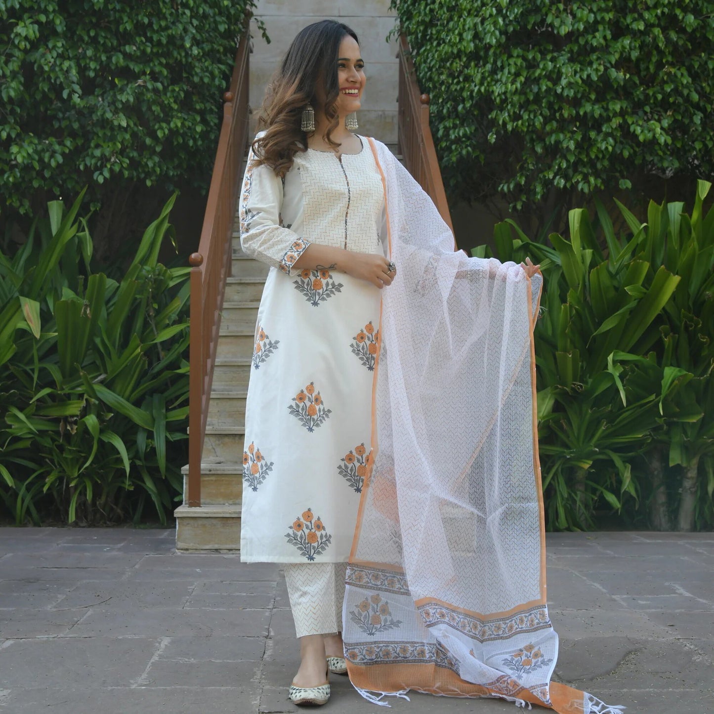 White & Yellow Fancy Kurti With Bottom Dupatta set