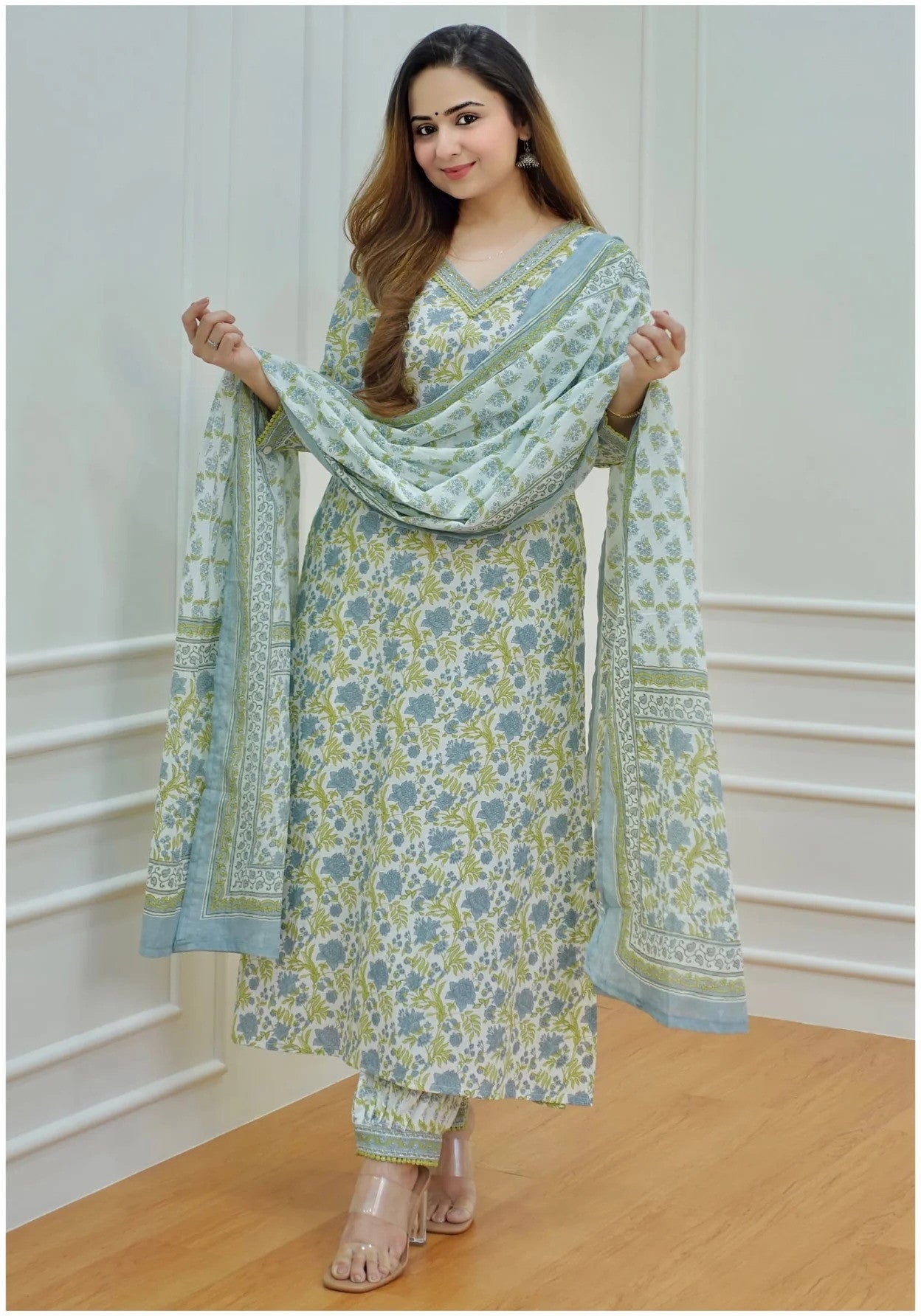 Green Floral Printed wear Kurti With Bottom Dupatta set