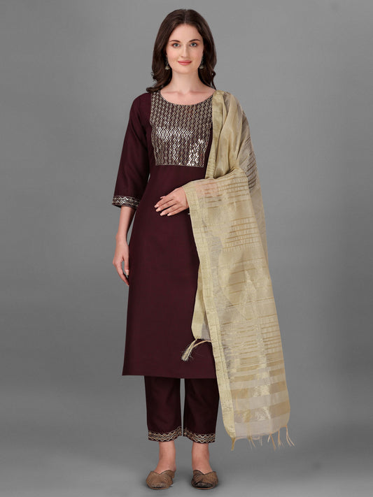 Womens Maroon Colour Cotton Kurta Pant With Dupatta Set