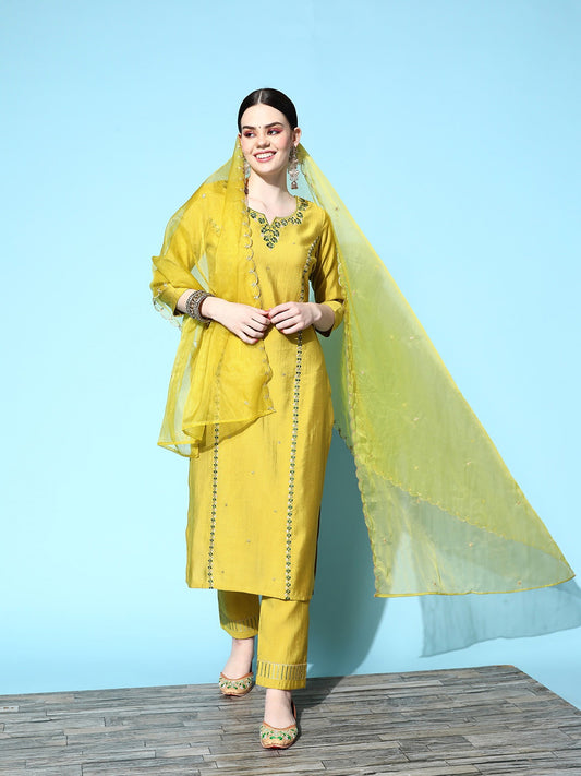 Lemon Party Wear Embroidery Worked Kurta With Pant And Duppata Set