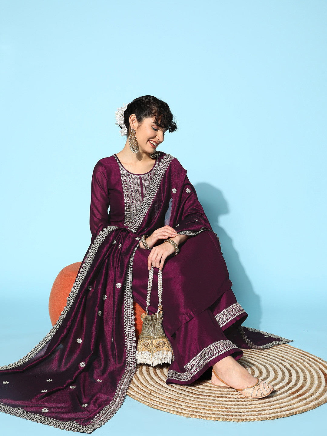 Purple Party Wear Embroidery Worked Kurta With Pant And Duppata Set