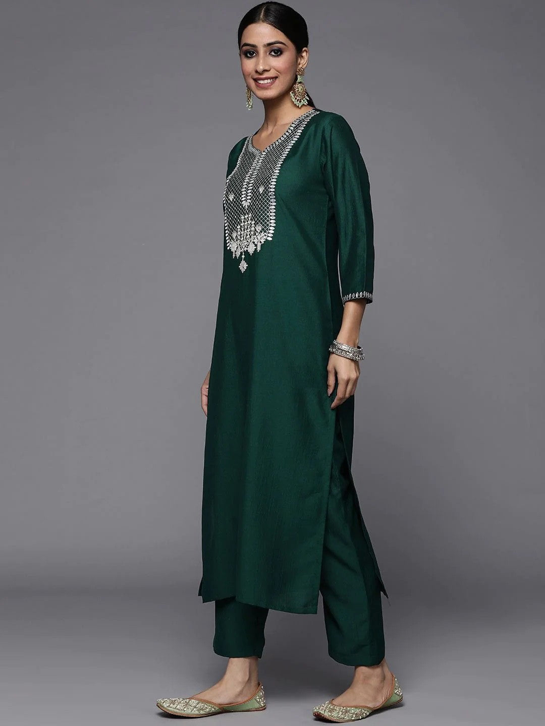 Green Party Wear Embroidery Worked Kurta With Pant And Duppata Set