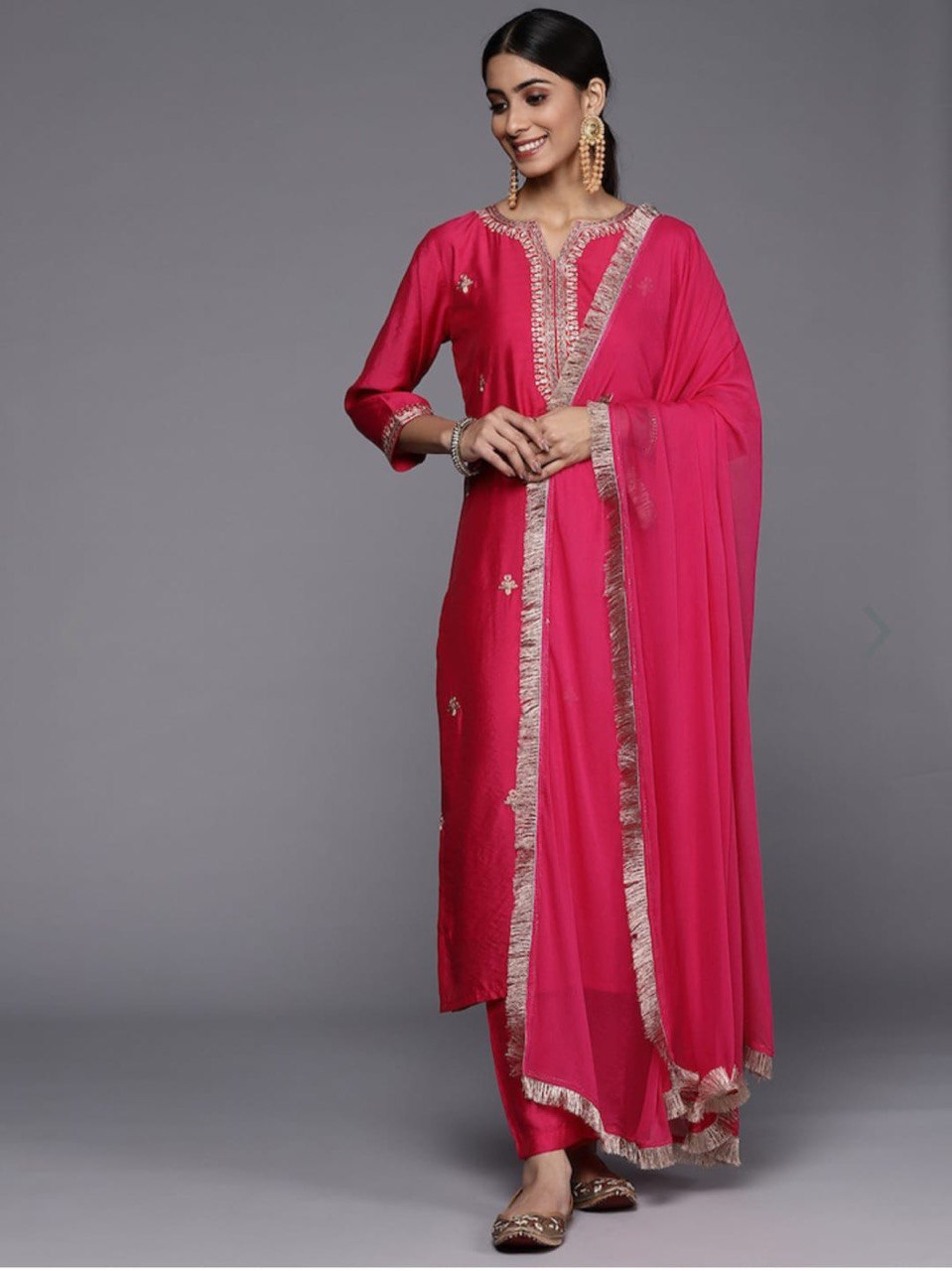 Red Party Wear Embroidery Worked Kurta With Pant And Duppata Set