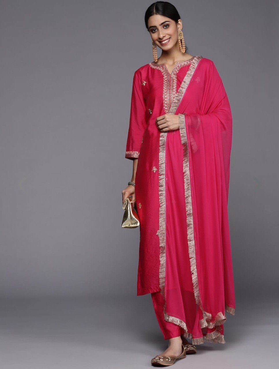 Red Party Wear Embroidery Worked Kurta With Pant And Duppata Set