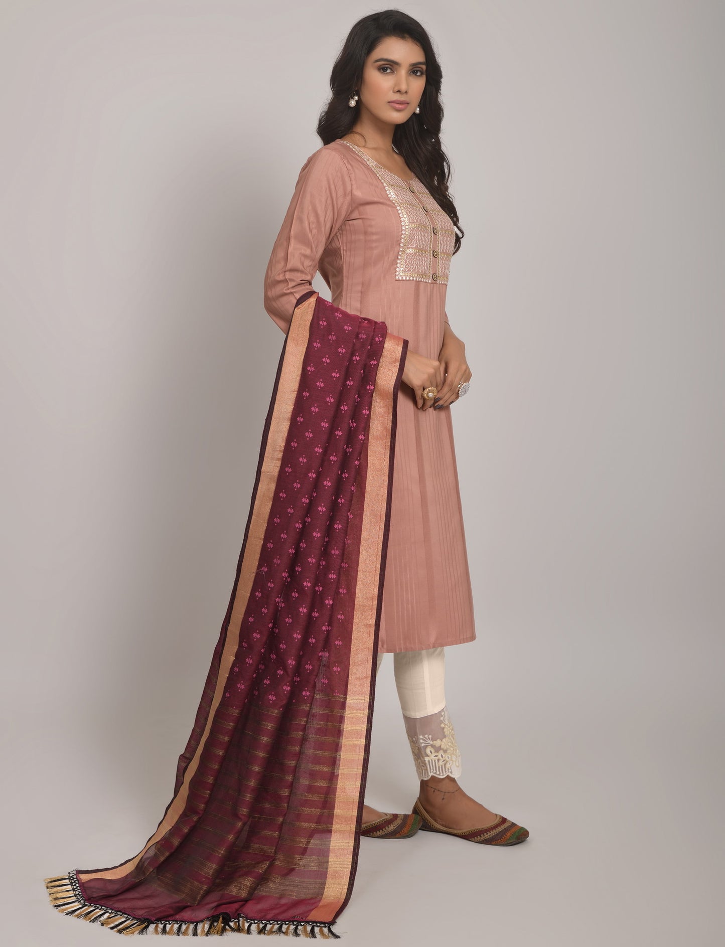 Peach Party Wear Embroidery Worked Kurta With Pant And Duppata Set