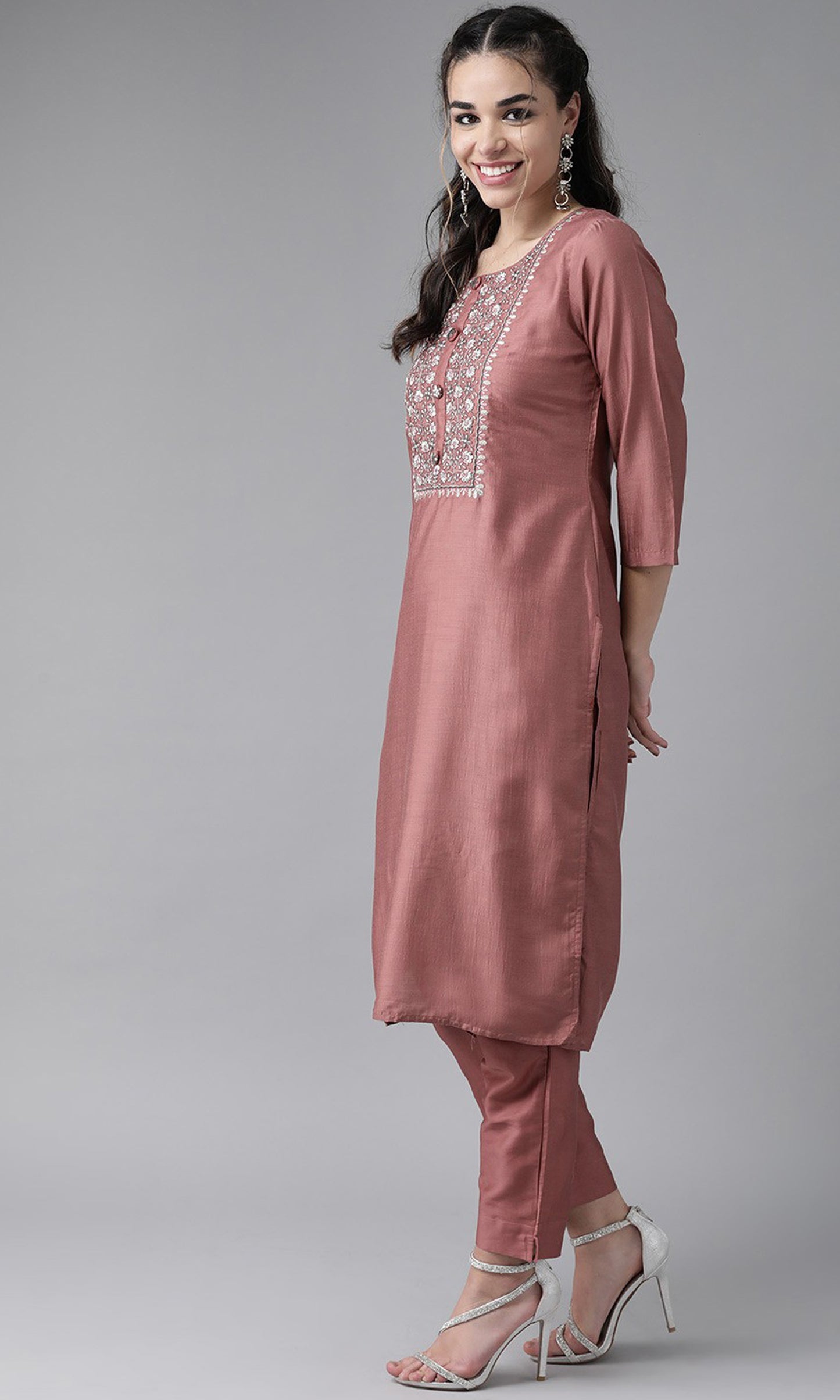 Peach Party Wear Embroidery Worked Kurta With Pant And Duppata Set