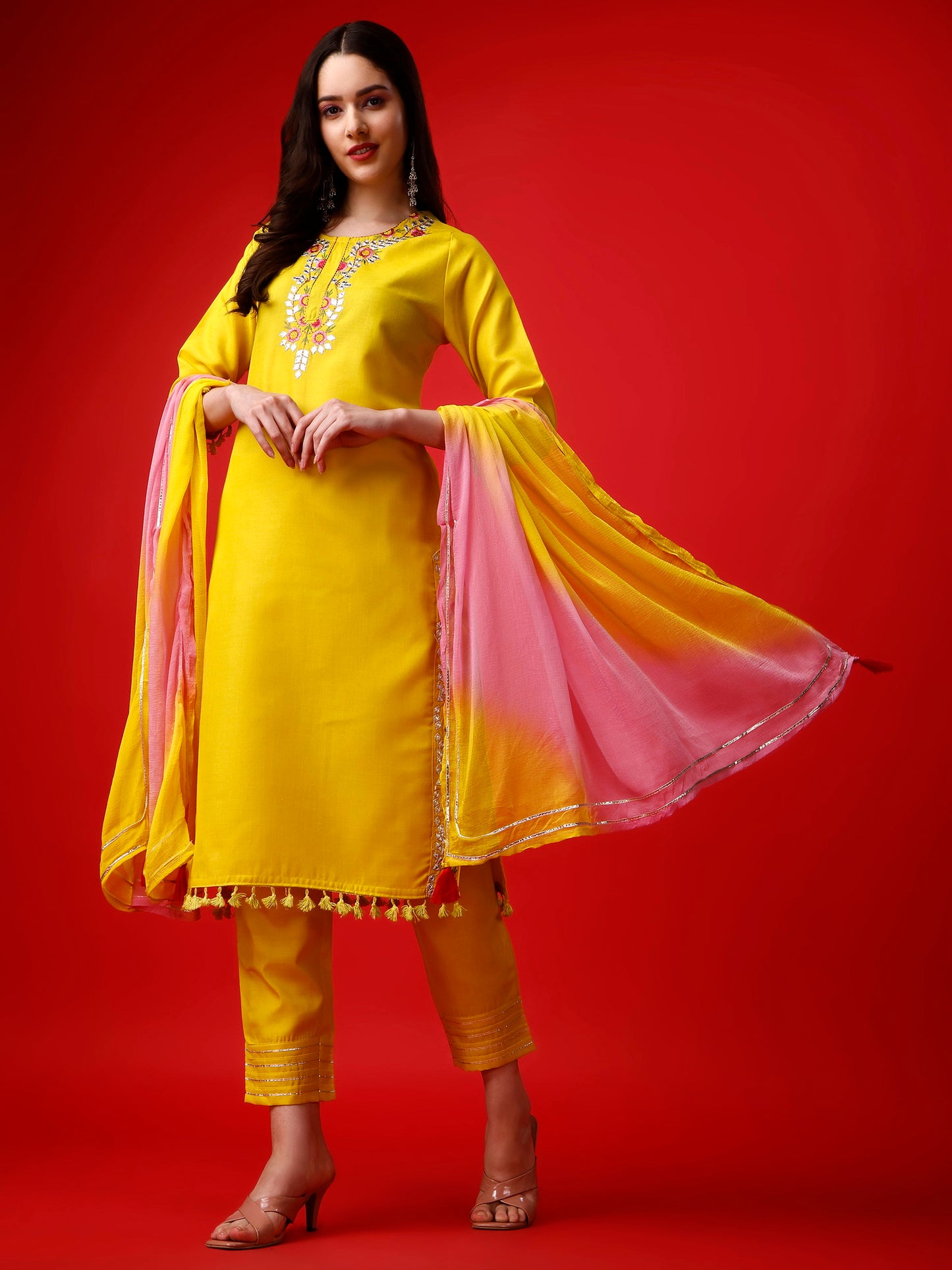 Yellow Party Wear Embroidery Worked Kurta With Pant And Duppata Set