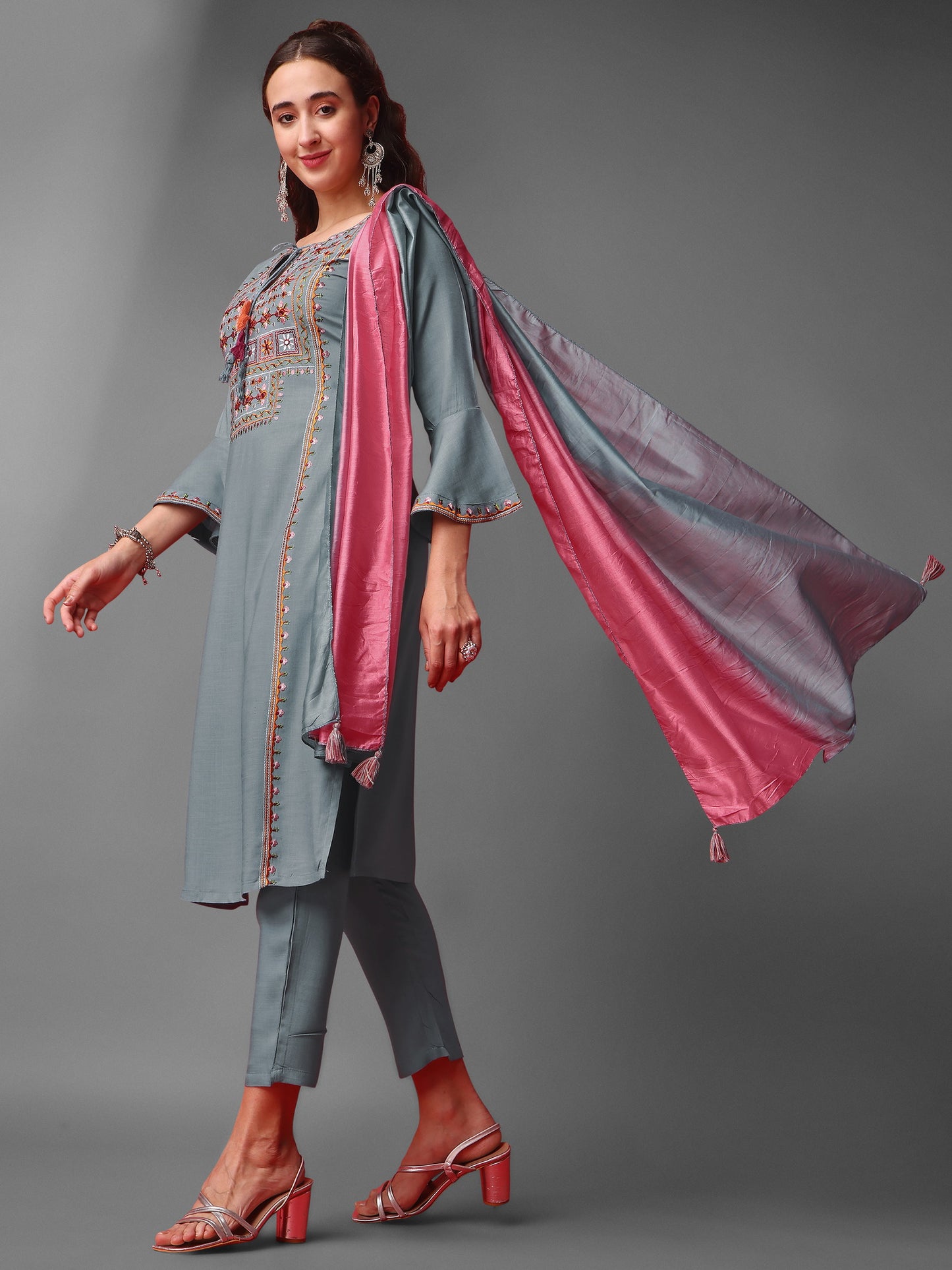 Grey Party Wear Embroidery Worked Kurta With Pant And Duppata Set