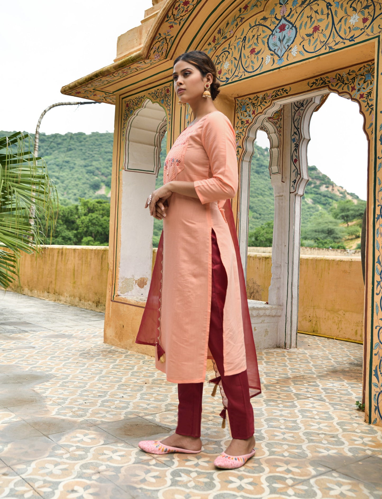 Peach Party Wear Embroidery Worked Kurta With Pant And Duppata Set