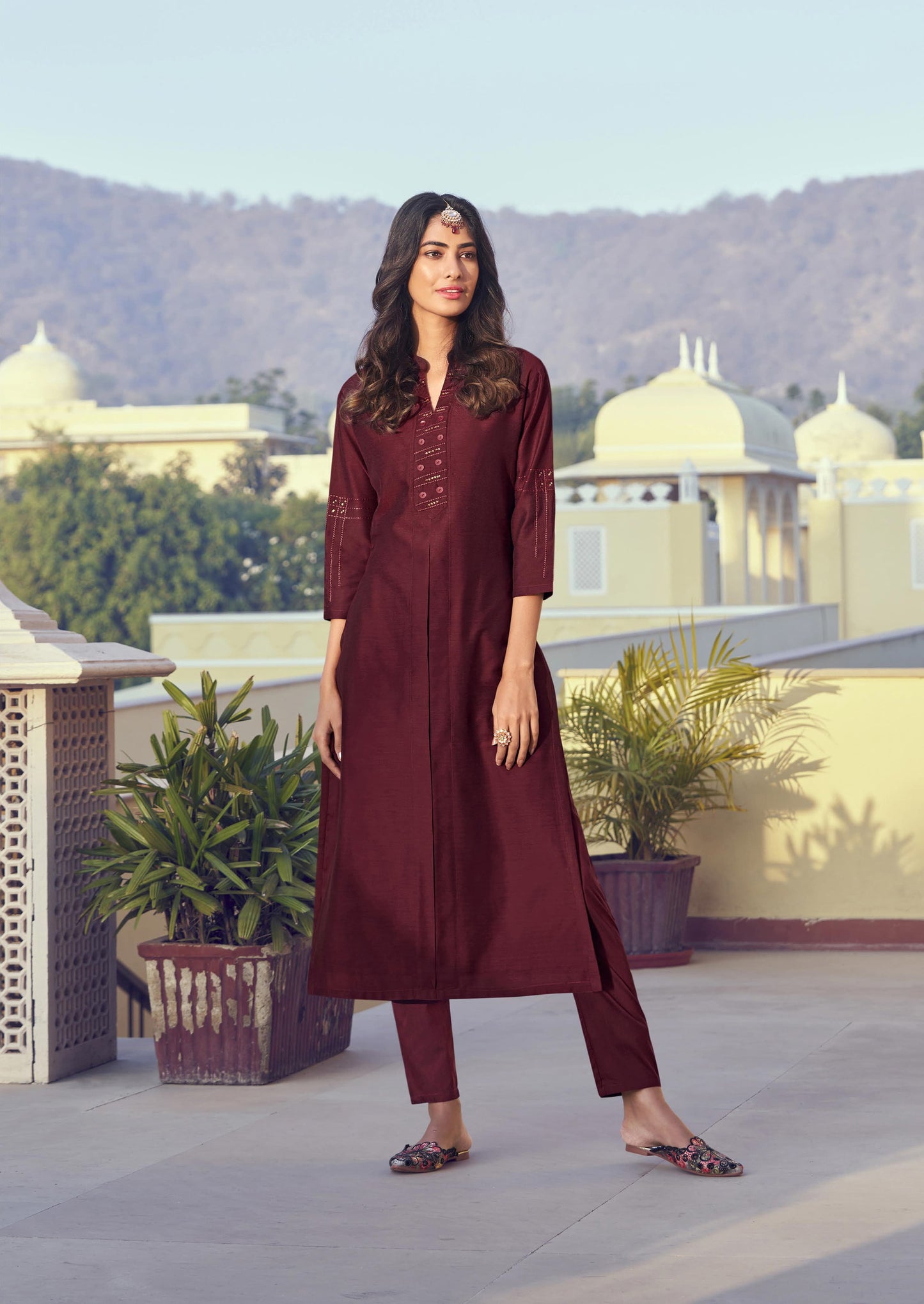 Wine Color Latest Roman Silk Kurti With Pant