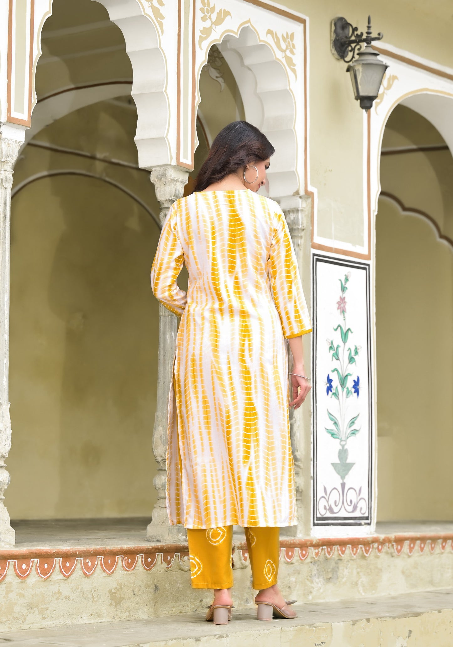 Yellow and White Tie Die printed Kurta Set with Bottom and Dupatta