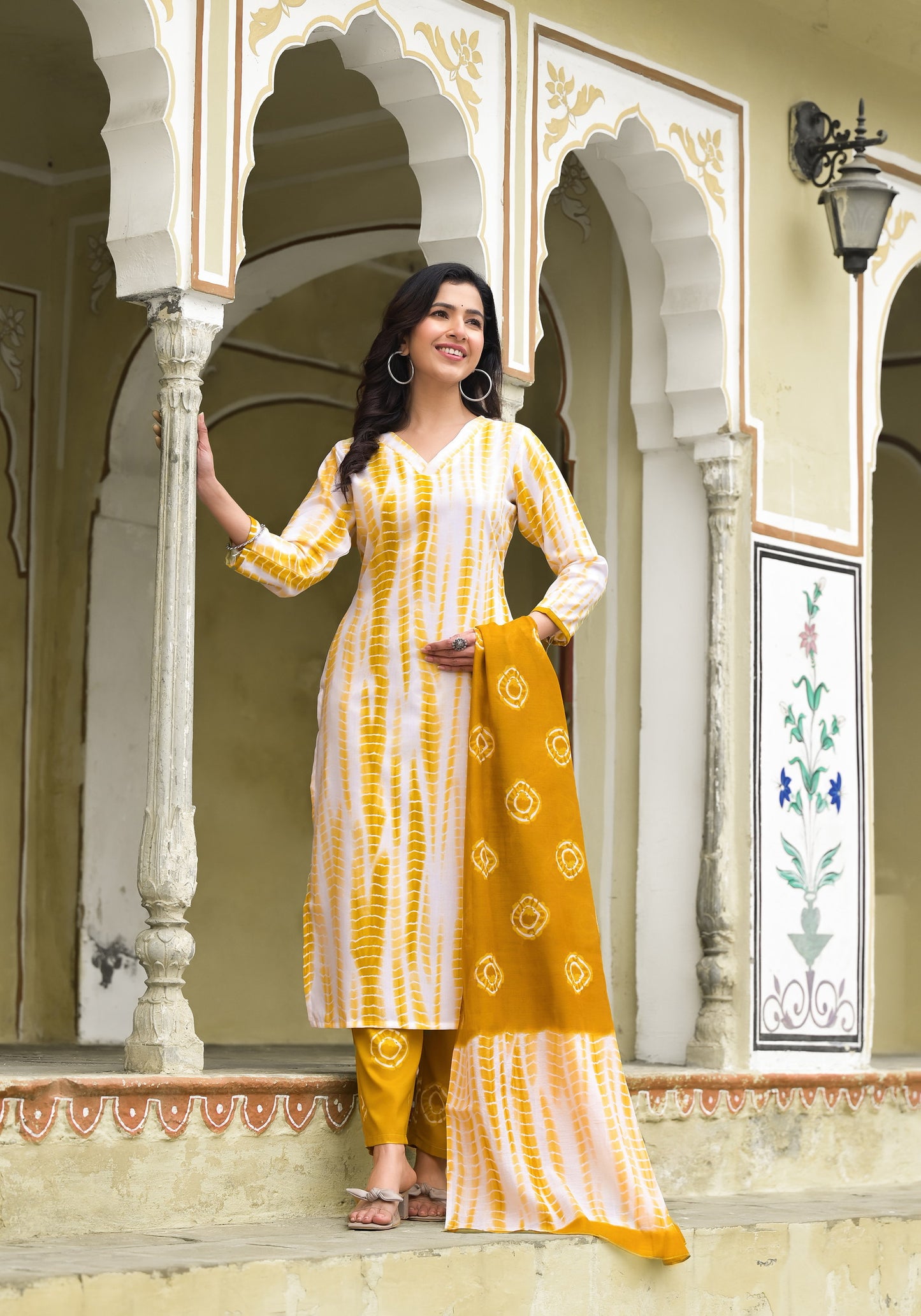 Yellow and White Tie Die printed Kurta Set with Bottom and Dupatta