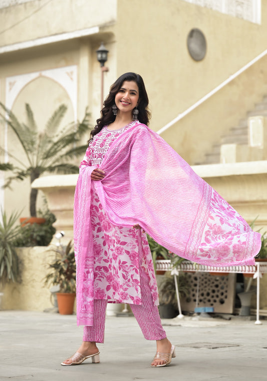 White and Pink Beautiful Daily Wear Kurta set with Dupatta and Bottom Wear