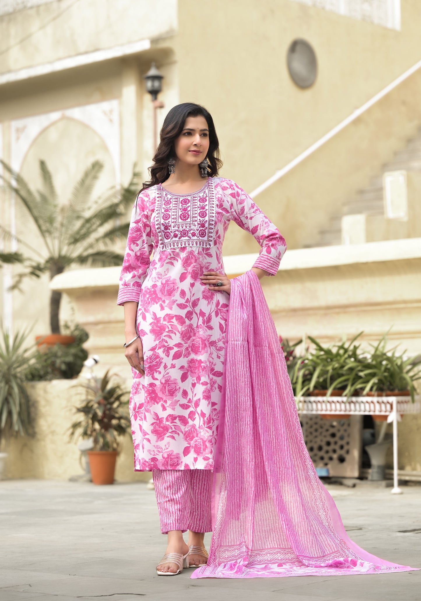 White and Pink Beautiful Daily Wear Kurta set with Dupatta and Bottom Wear