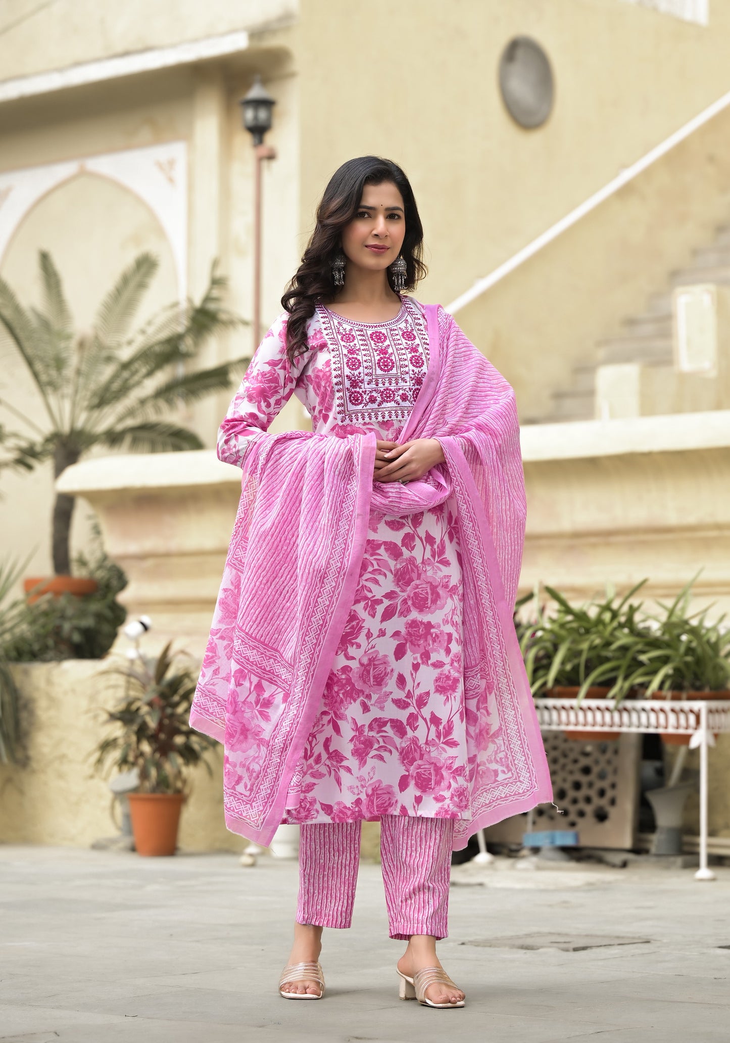 White and Pink Beautiful Daily Wear Kurta set with Dupatta and Bottom Wear