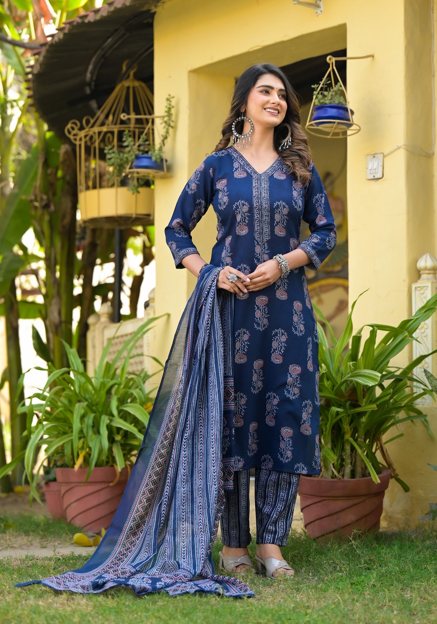 Floral Printed Kurta With Bottom Wear and Dupatta in Blue Color