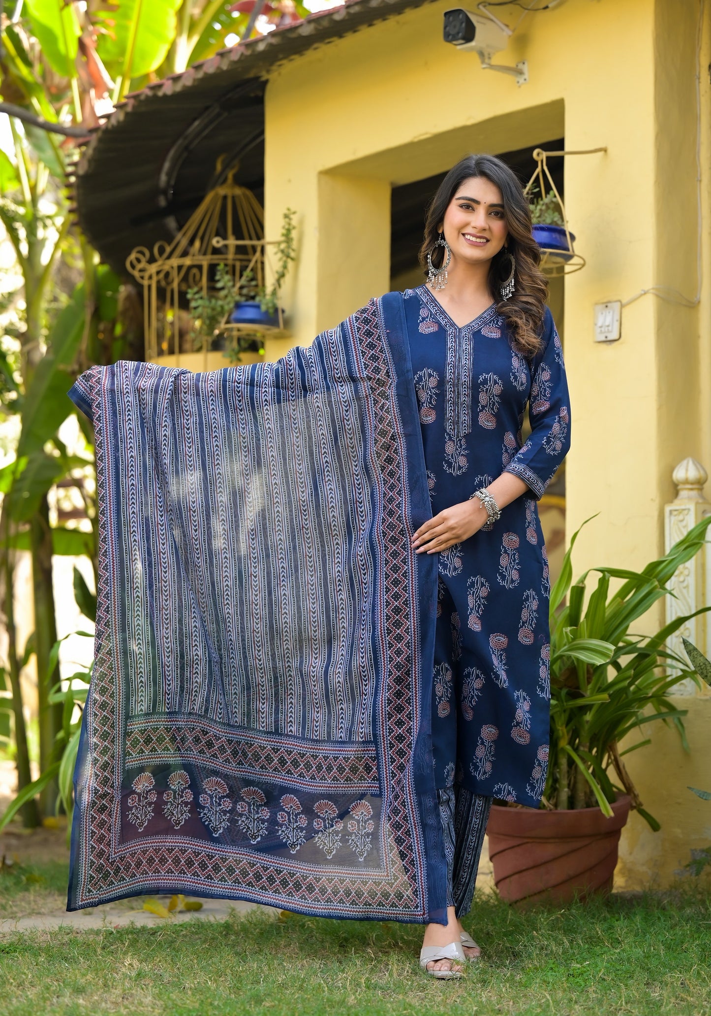 Floral Printed Kurta With Bottom Wear and Dupatta in Blue Color