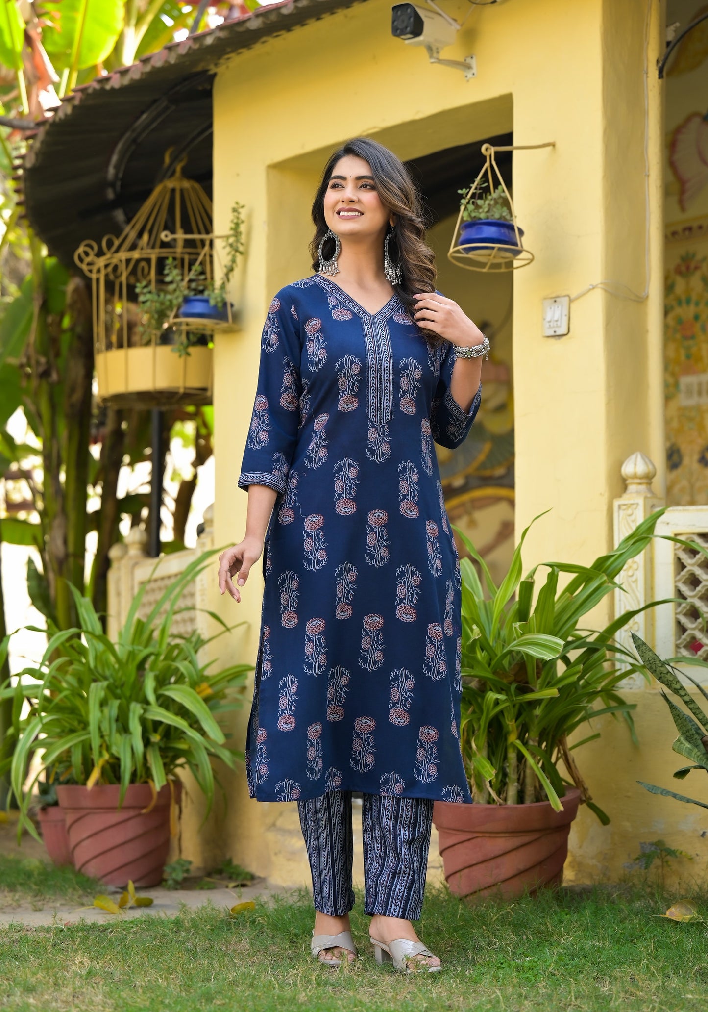 Floral Printed Kurta With Bottom Wear and Dupatta in Blue Color