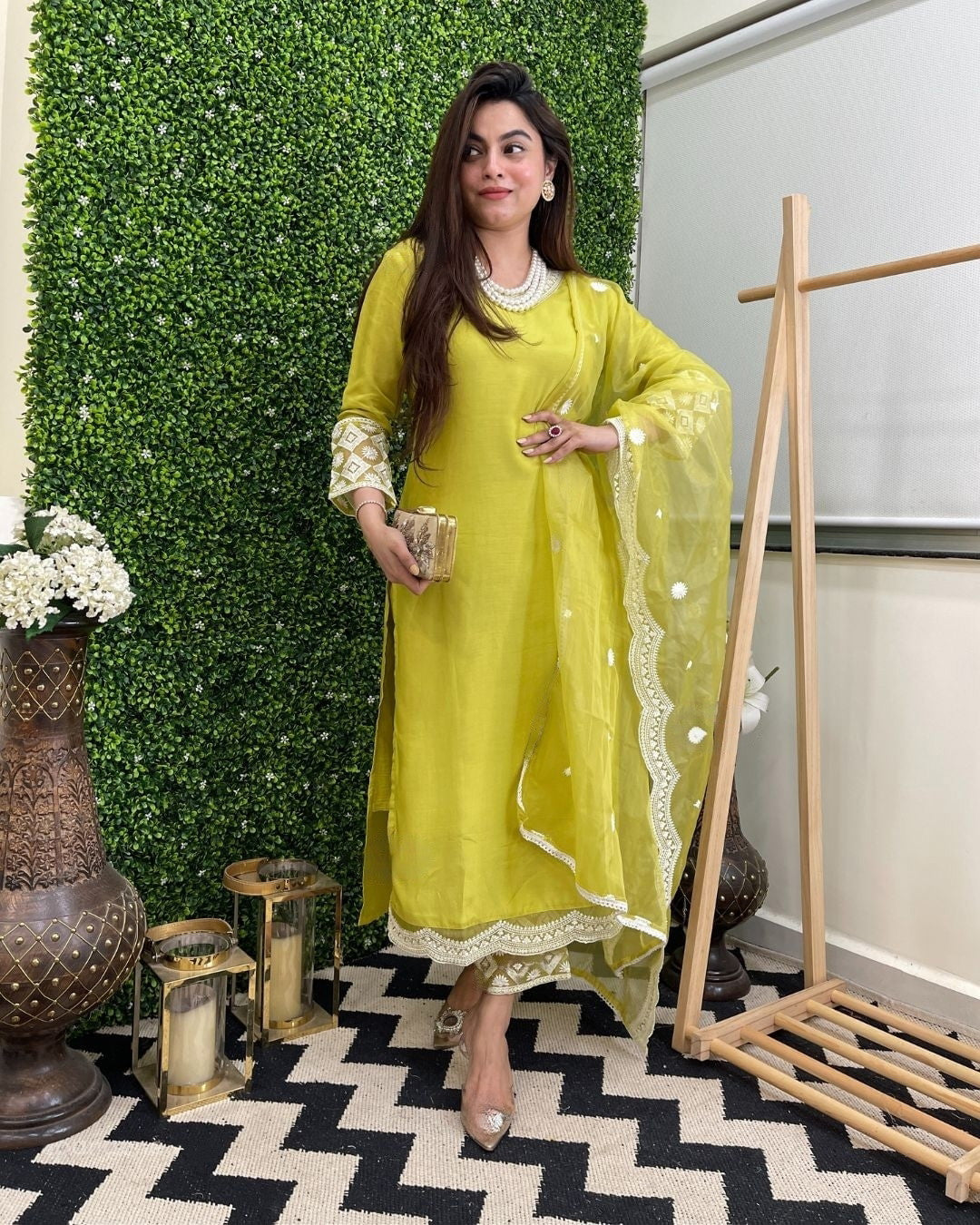 Women Embroidered Straight Kurta Set with Dupatta in Lime Color