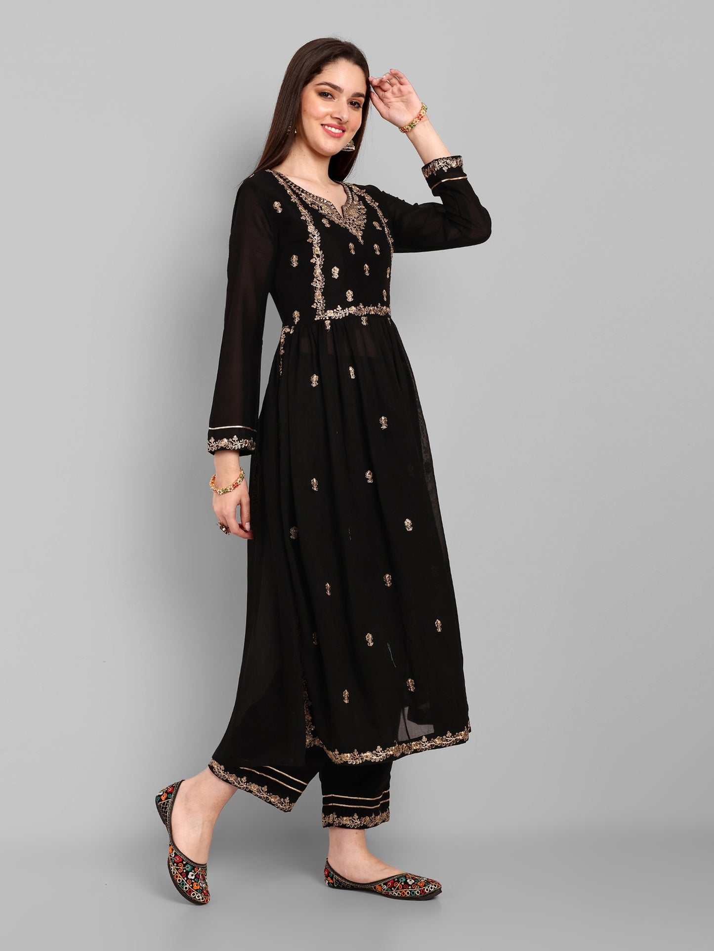 Women Embroidered Vichitra Silk kurta Pant set in Black Color