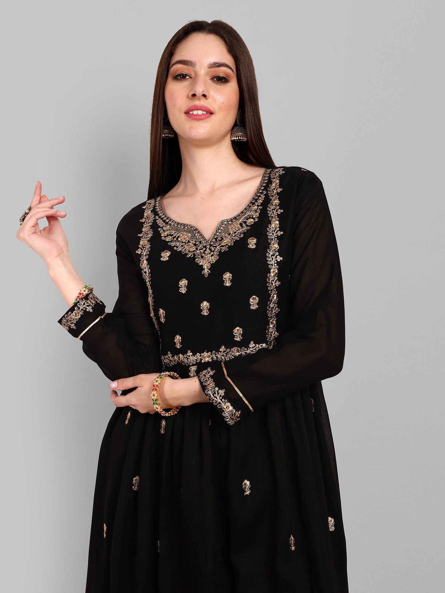 Women Embroidered Vichitra Silk kurta Pant set in Black Color