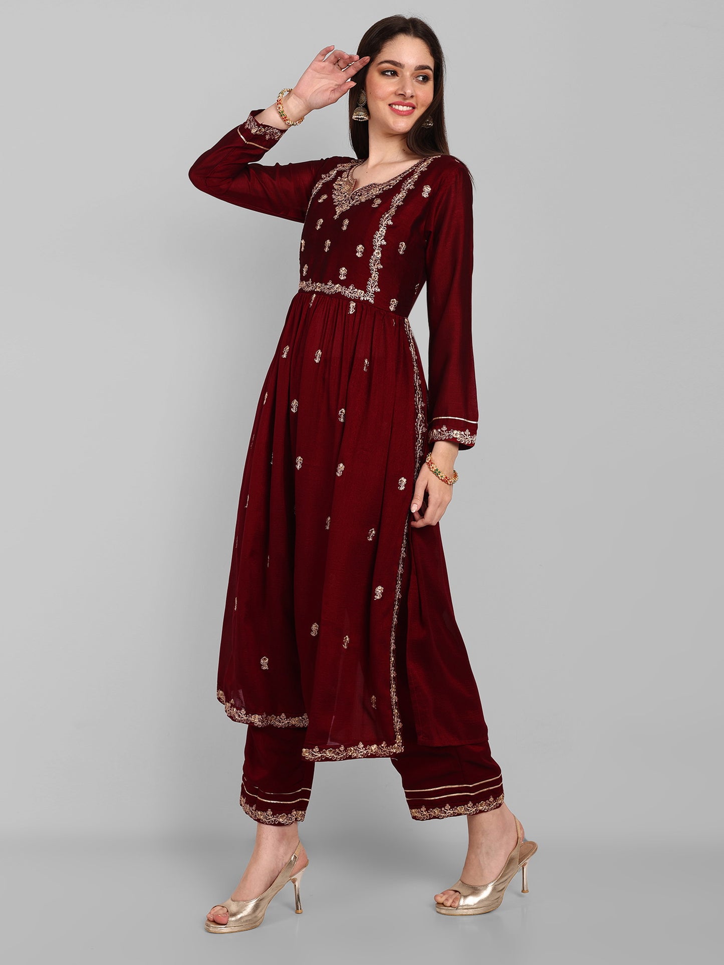 Women Embroidered Vichitra Silk kurta Pant set in Maroon Color