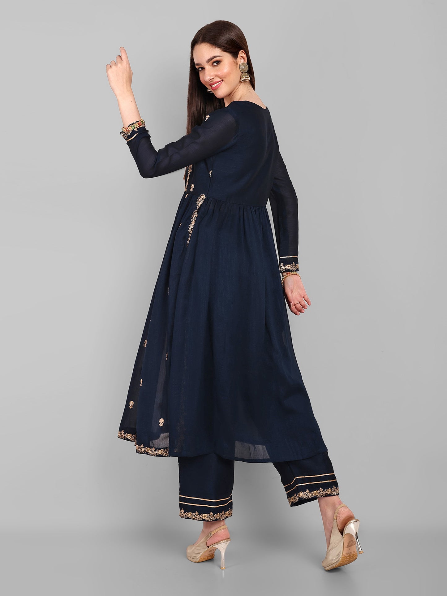 Women Embroidered Vichitra Silk kurta Pant set in Navy Blue Color