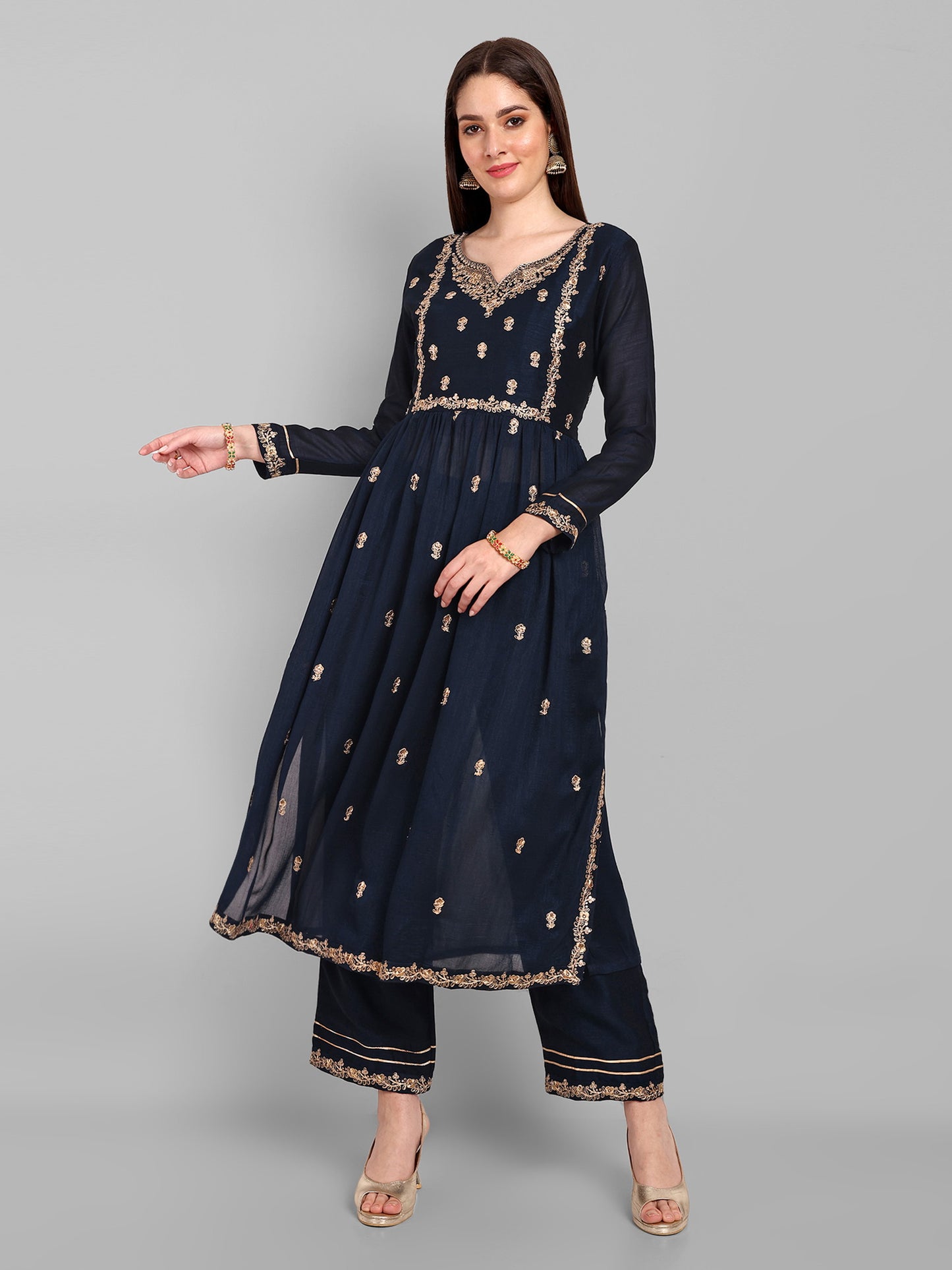 Women Embroidered Vichitra Silk kurta Pant set in Navy Blue Color