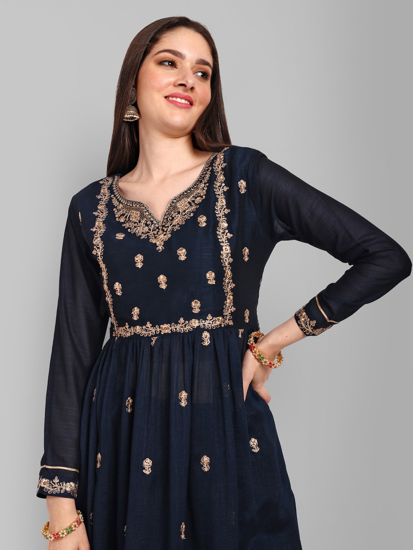 Women Embroidered Vichitra Silk kurta Pant set in Navy Blue Color