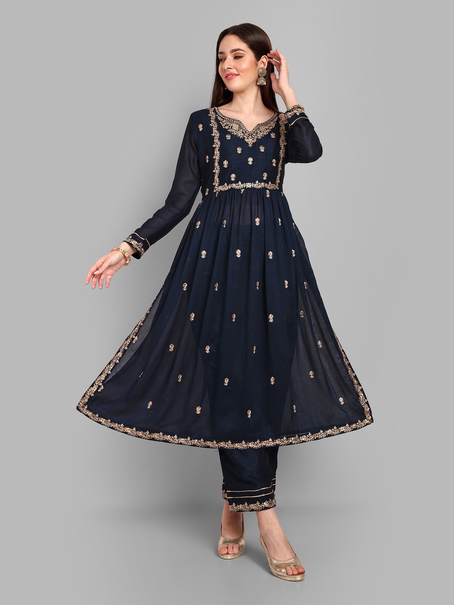 Women Embroidered Vichitra Silk kurta Pant set in Navy Blue Color