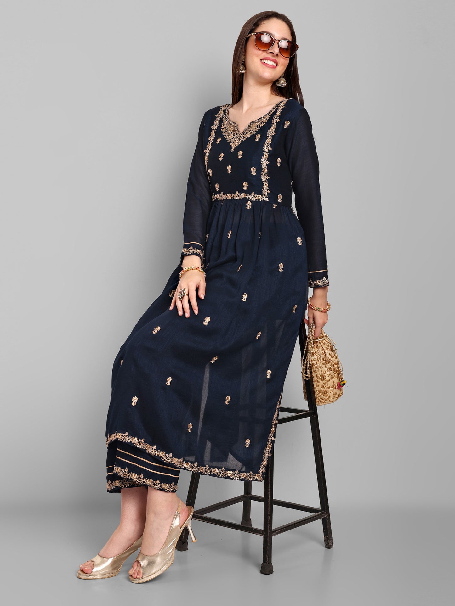 Women Embroidered Vichitra Silk kurta Pant set in Navy Blue Color