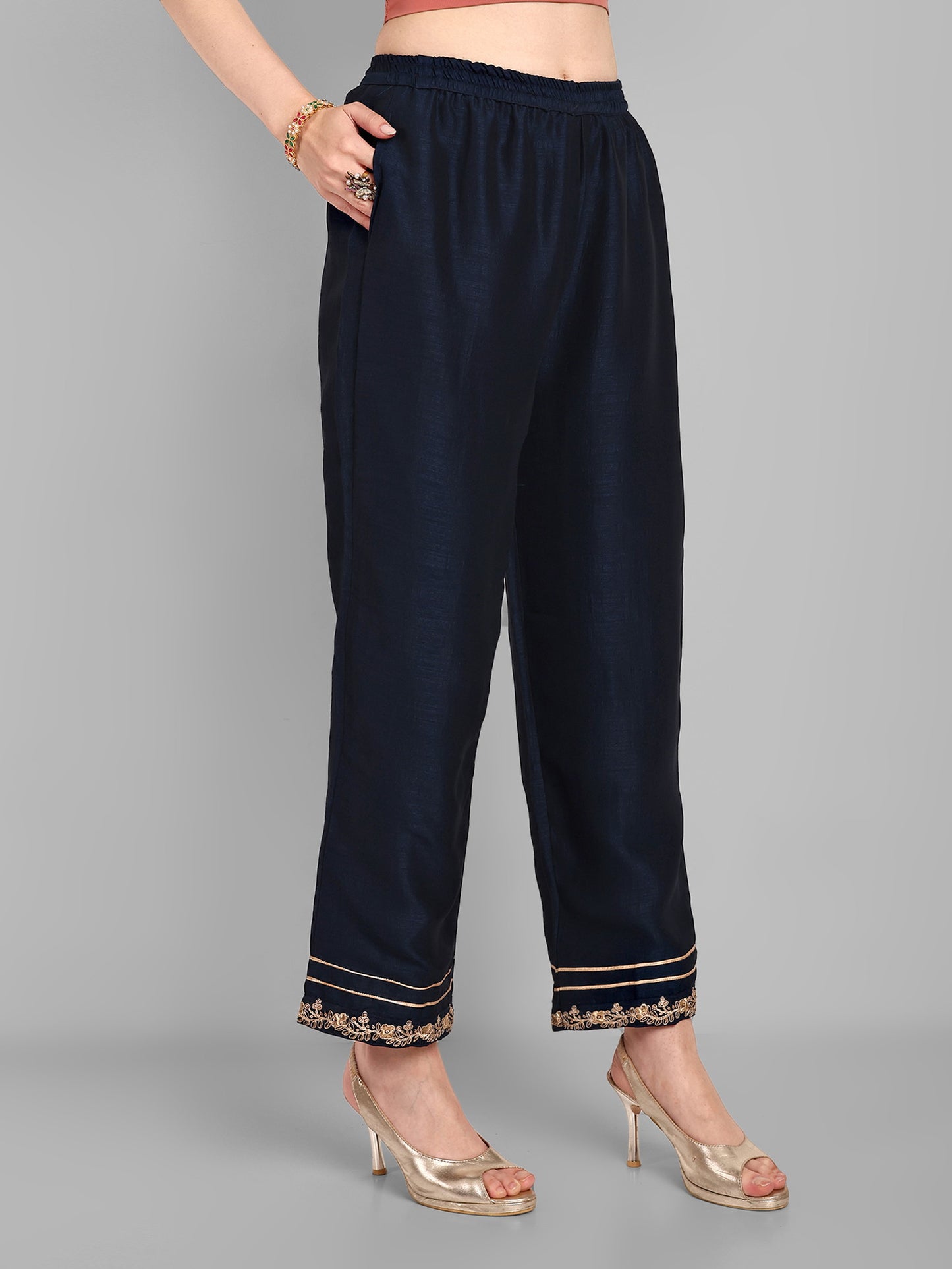 Women Embroidered Vichitra Silk kurta Pant set in Navy Blue Color