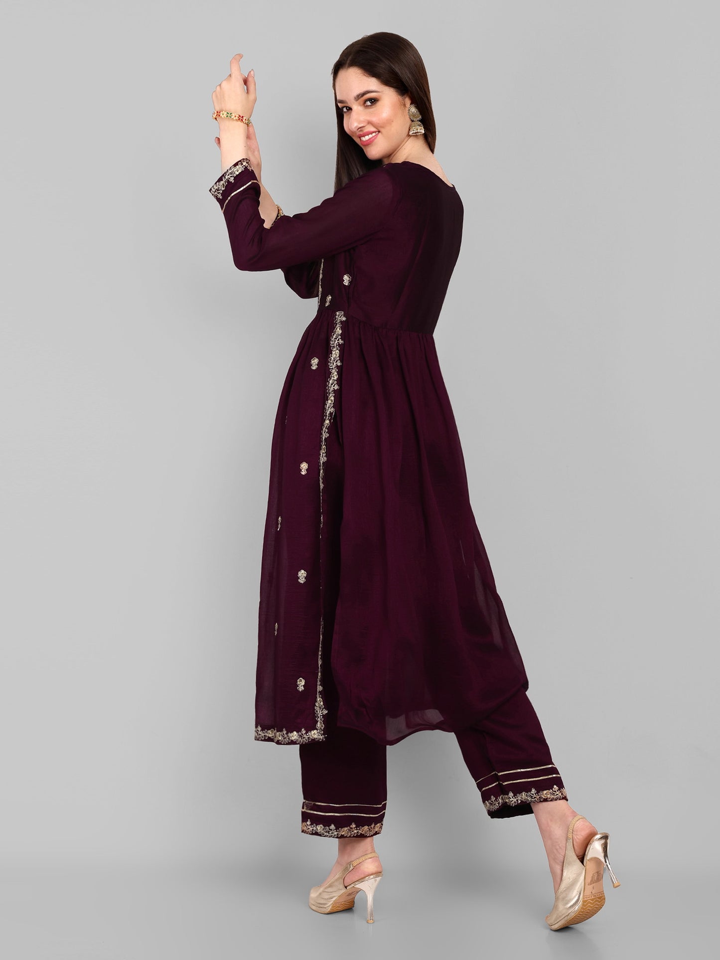 Women Embroidered Vichitra Silk kurta Pant set in Wine Color