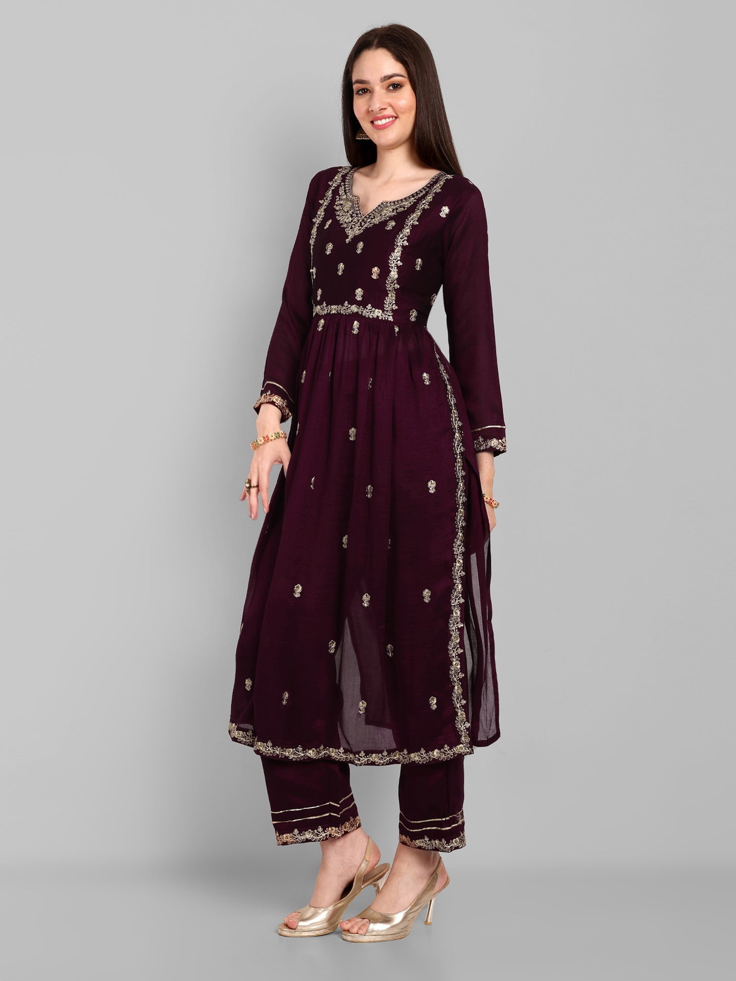 Women Embroidered Vichitra Silk kurta Pant set in Wine Color