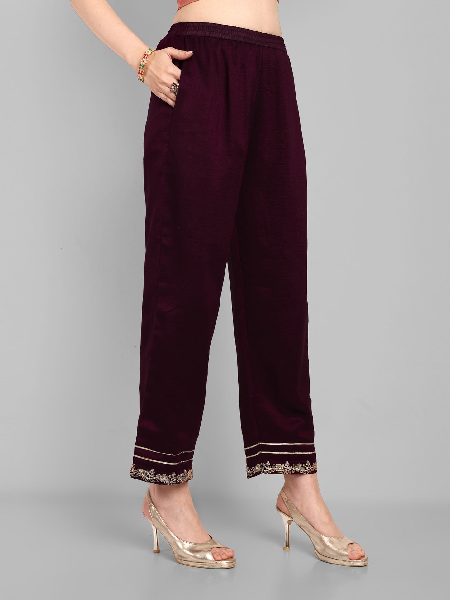 Women Embroidered Vichitra Silk kurta Pant set in Wine Color