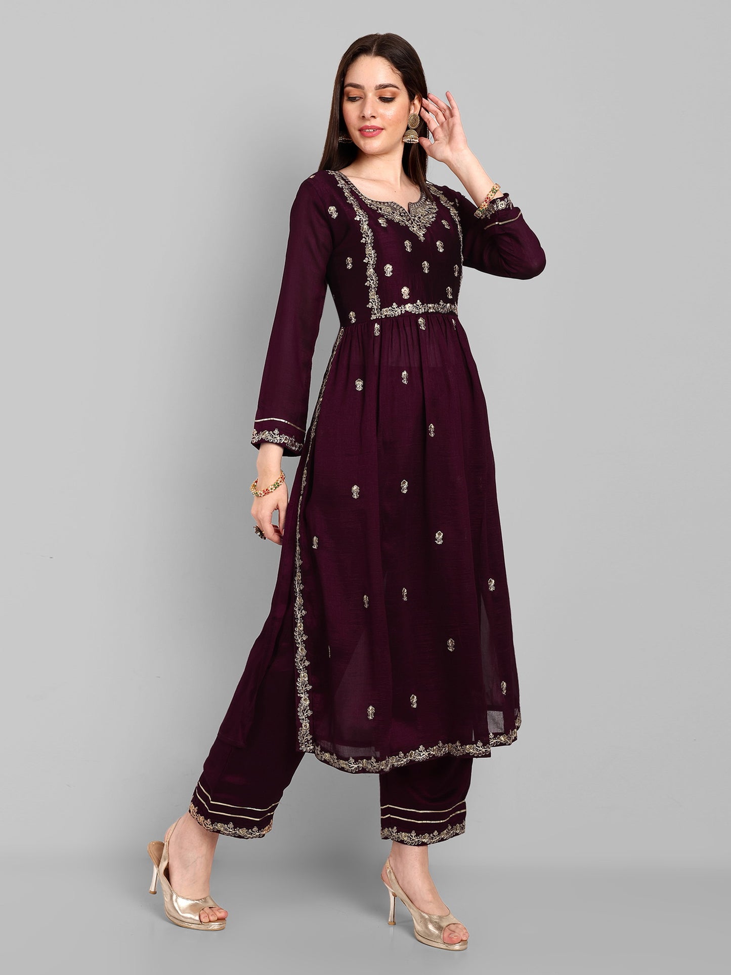 Women Embroidered Vichitra Silk kurta Pant set in Wine Color