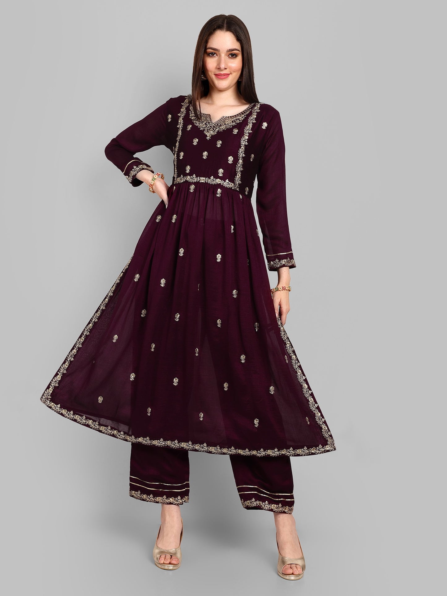 Women Embroidered Vichitra Silk kurta Pant set in Wine Color