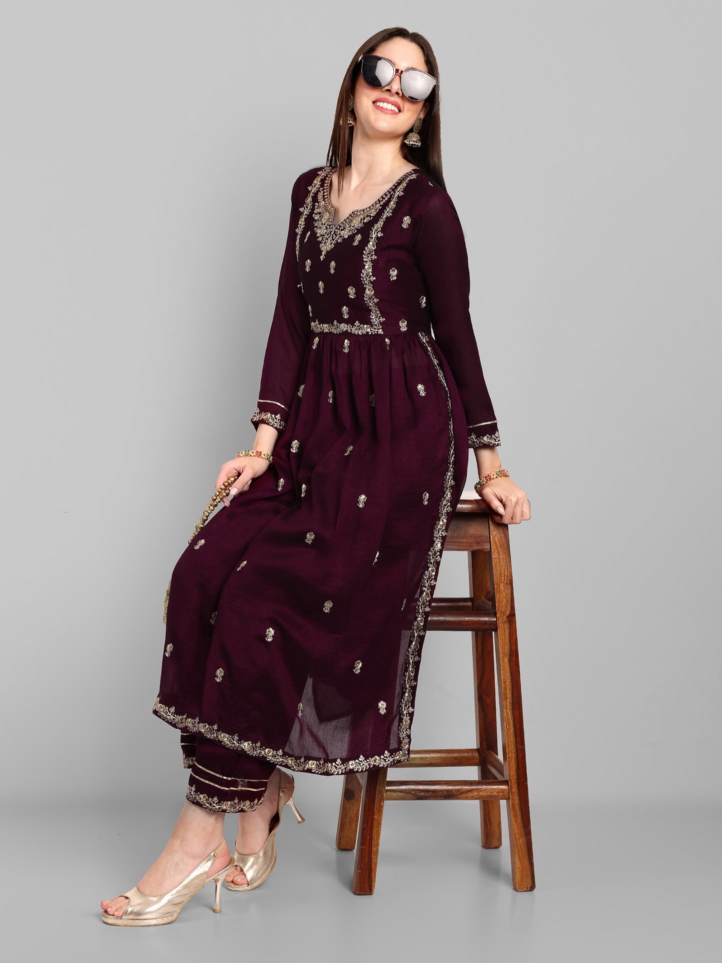 Women Embroidered Vichitra Silk kurta Pant set in Wine Color