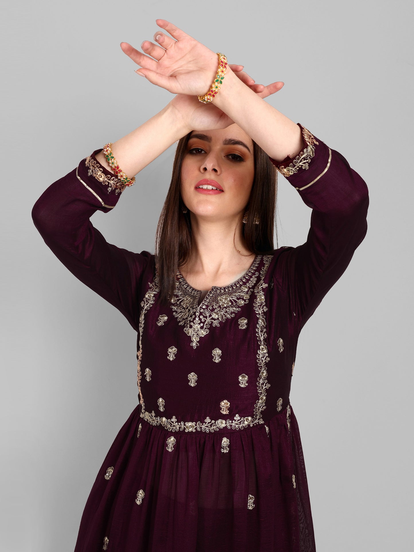 Women Embroidered Vichitra Silk kurta Pant set in Wine Color