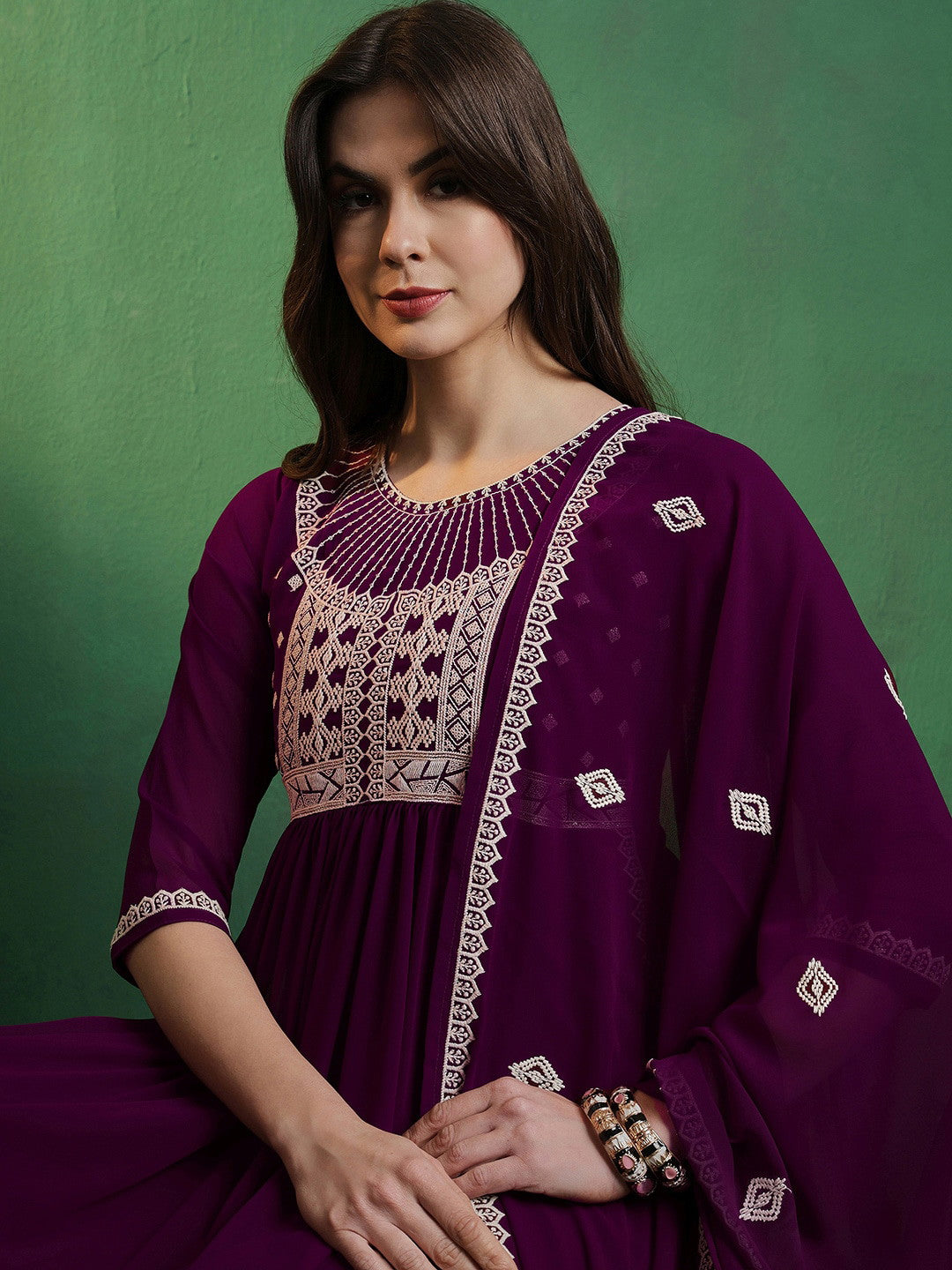 Georgette Embroidery Print Kurti With Pant and Dupatta In Wine Colour