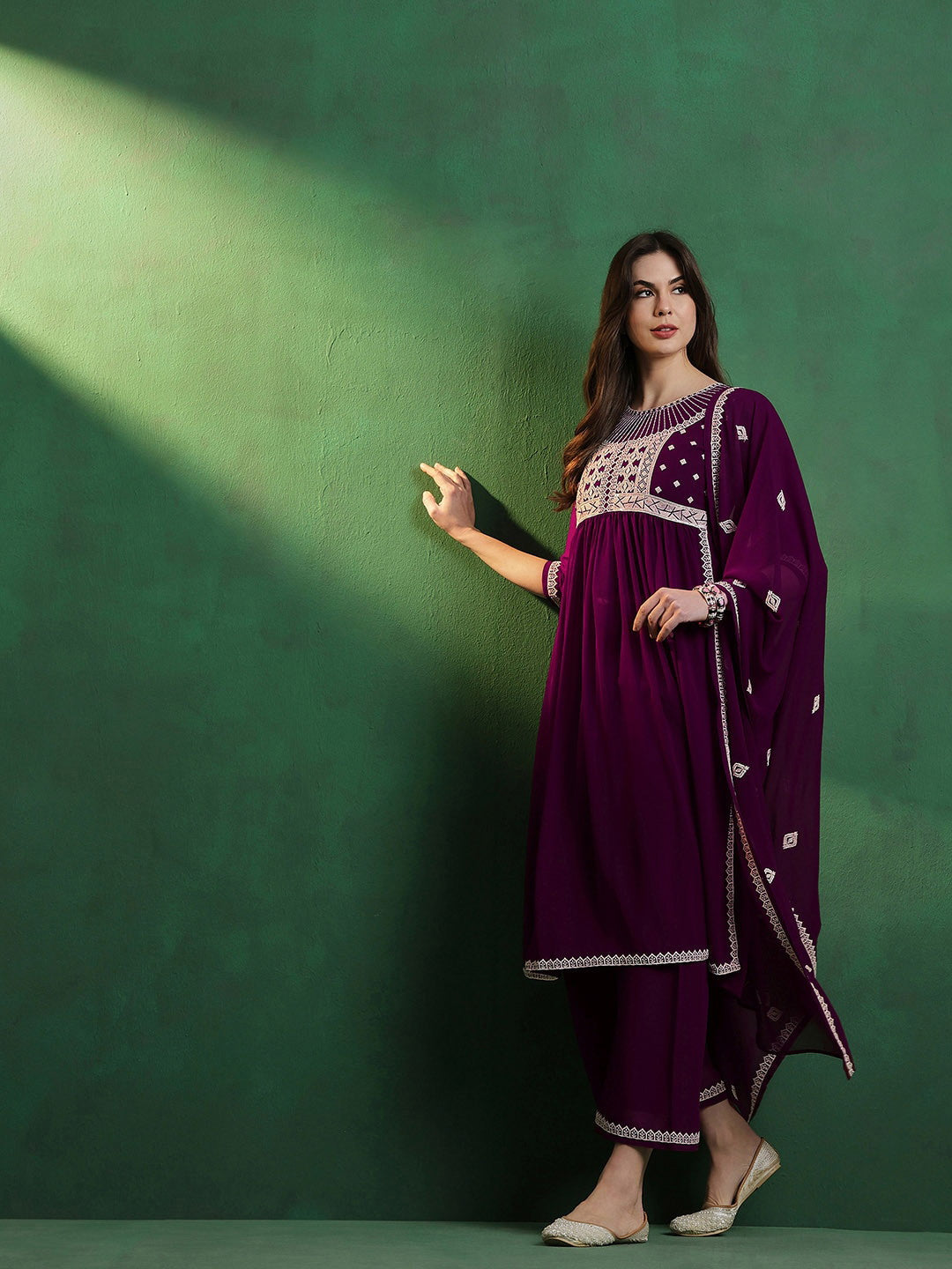 Georgette Embroidery Print Kurti With Pant and Dupatta In Wine Colour