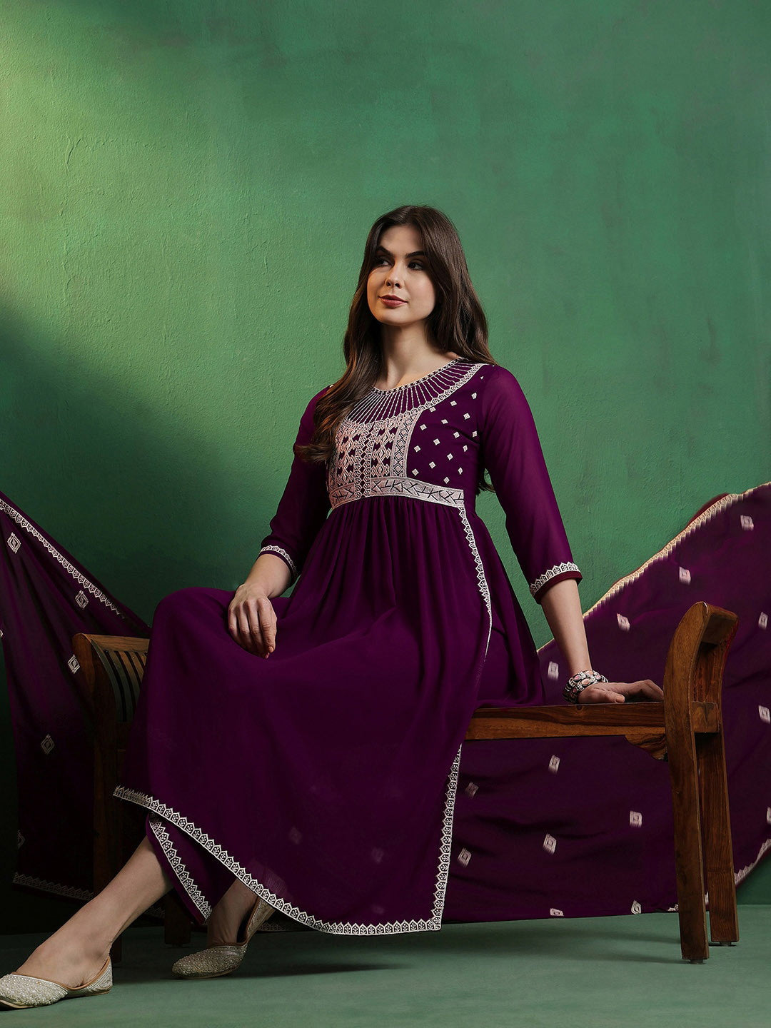 Georgette Embroidery Print Kurti With Pant and Dupatta In Wine Colour