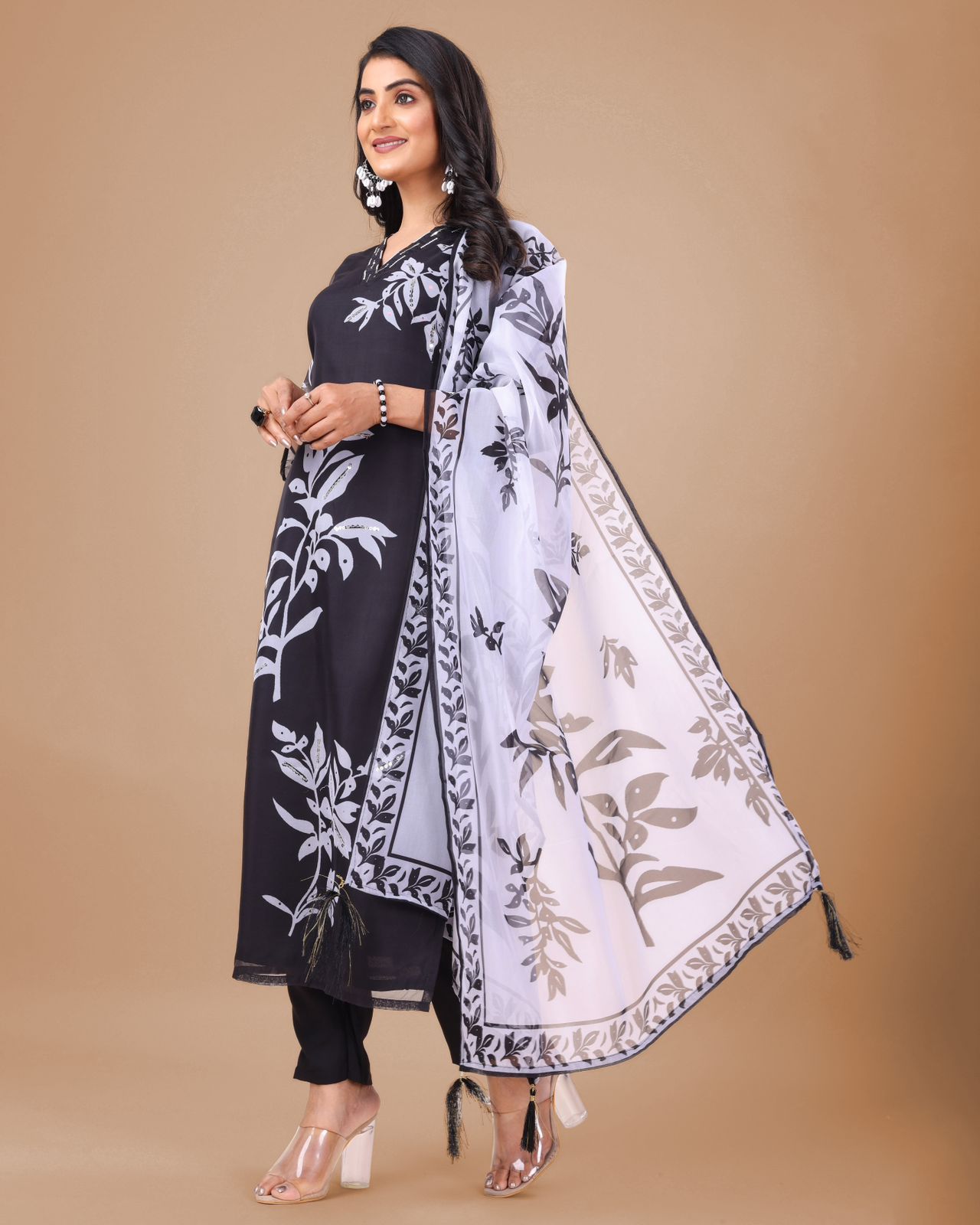 Floral Design Black Kurta Set with Bottom and Dupatta