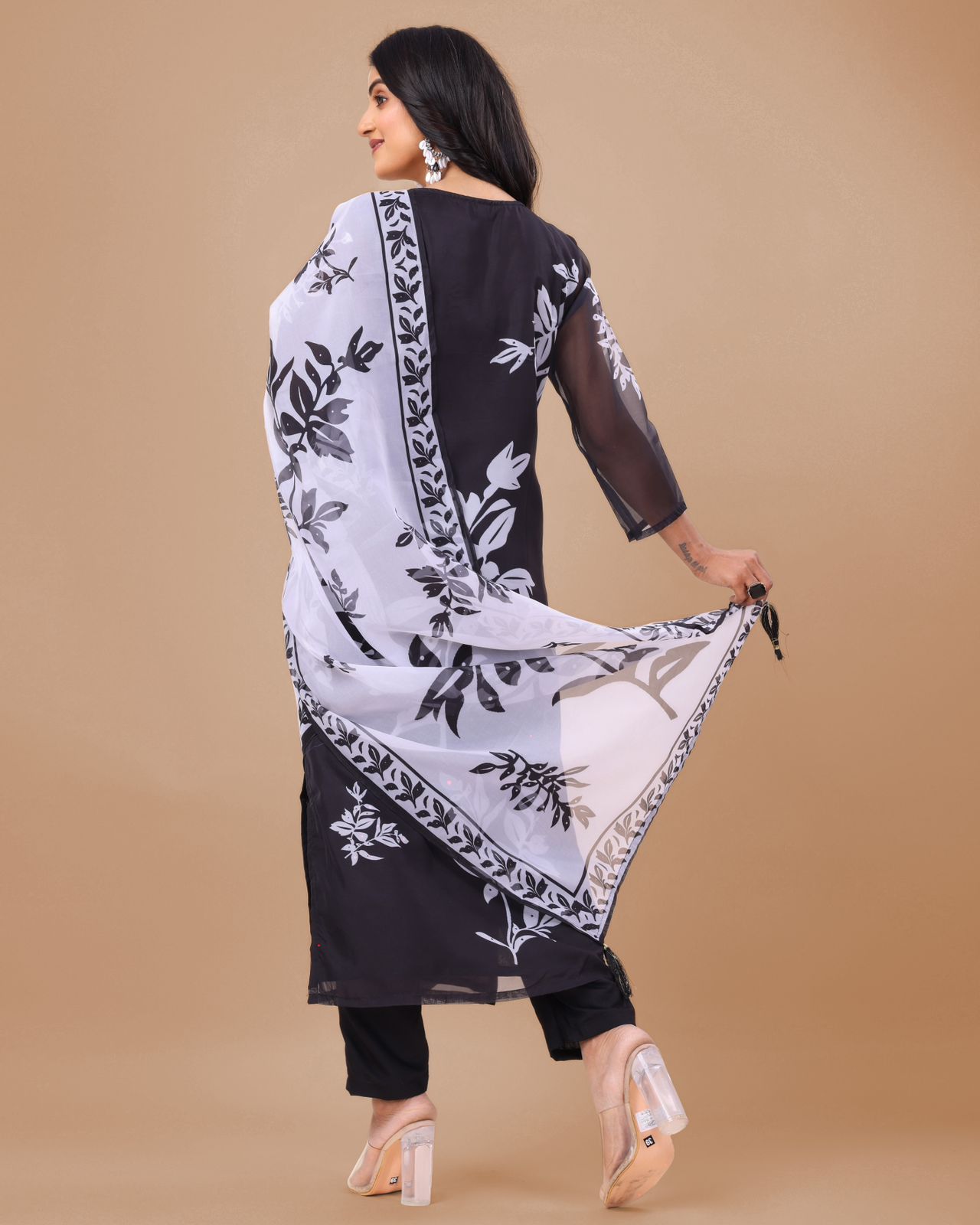 Floral Design Black Kurta Set with Bottom and Dupatta