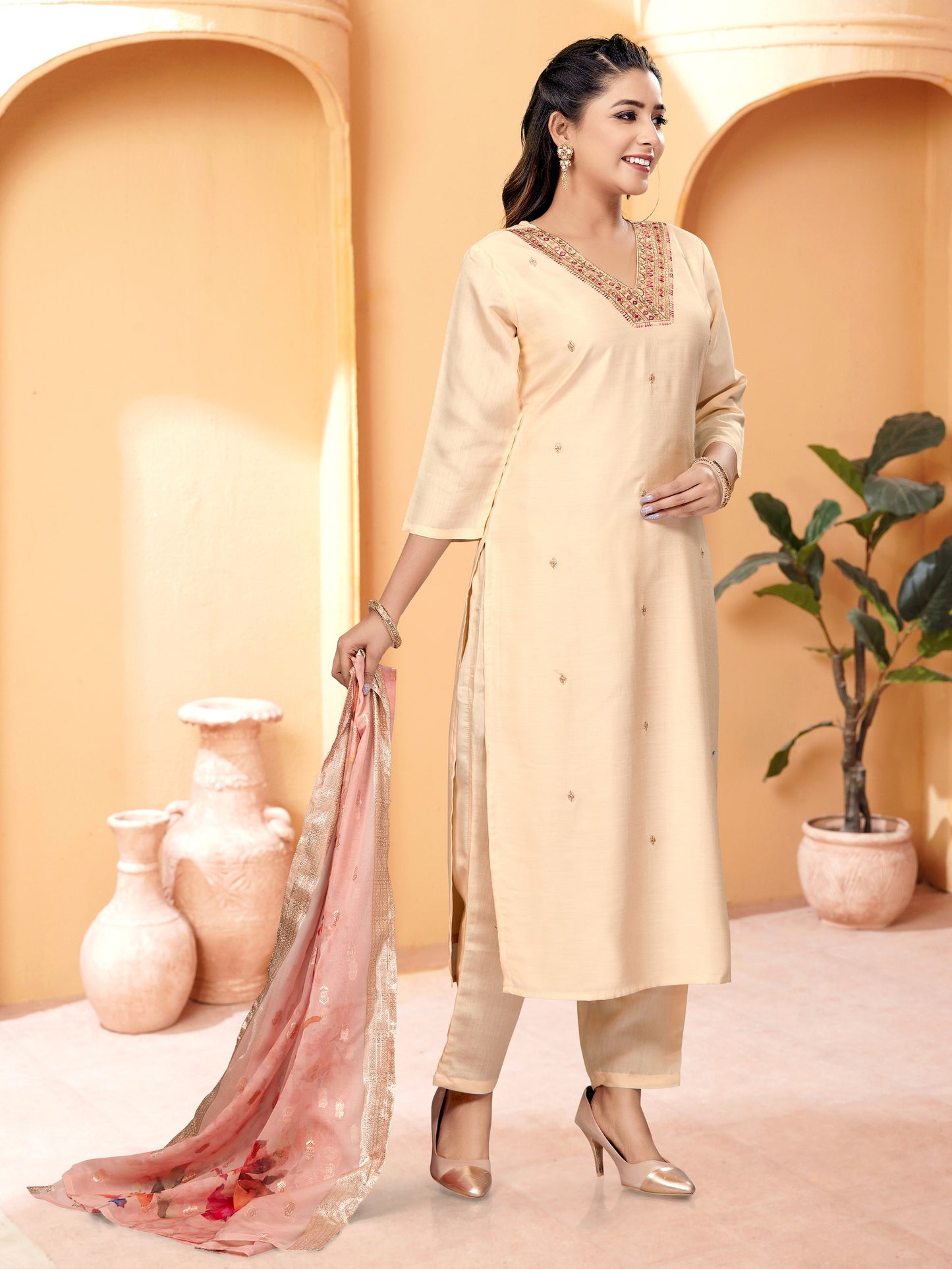 Designer Kurta set with Knee Bottom Pant and Beautiful Dupatta