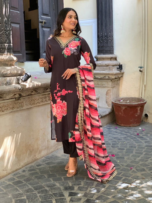 Designer  Floral Kurta Set with Bottom and Dupatta